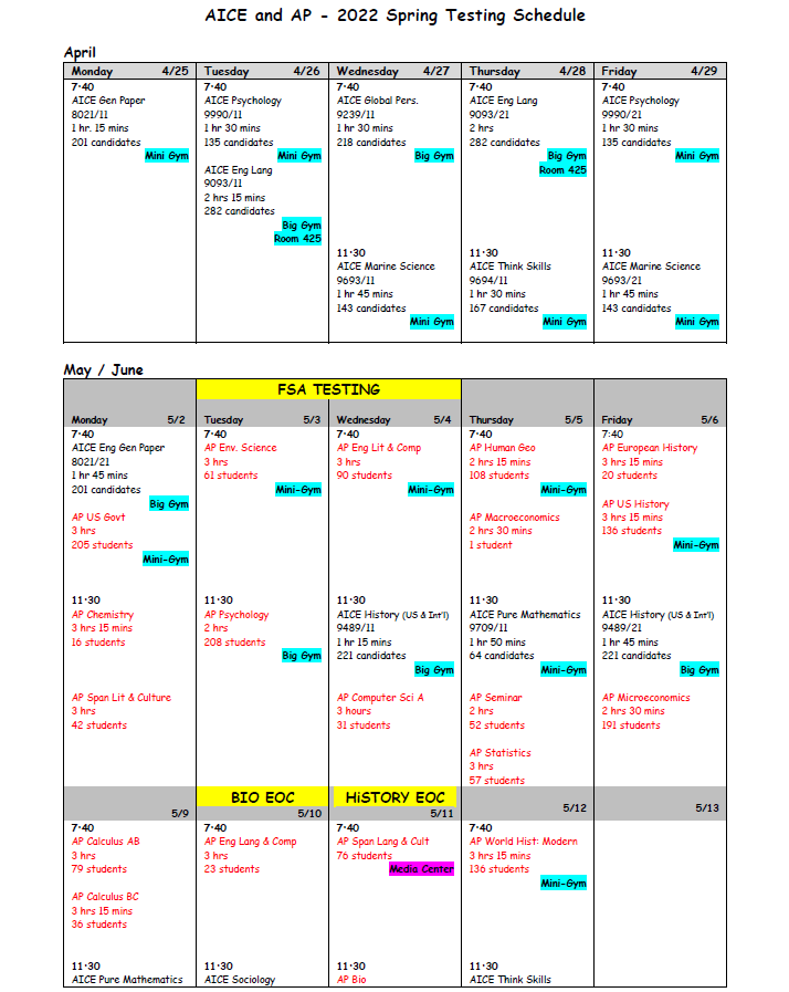 Testing Information / Master Calendar
